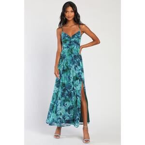 NWT Lulus Beautiful Soul Teal Green Floral Print Twist-Front Maxi Dress Size M